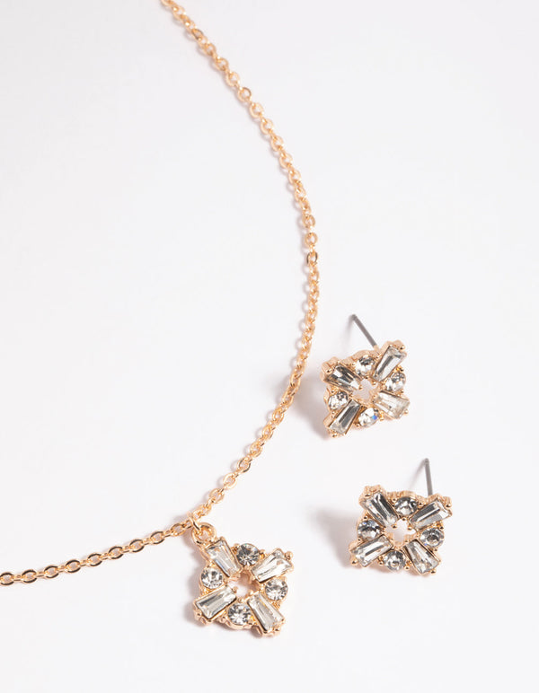 Gold Square Diamante Necklace and Earrings Set
