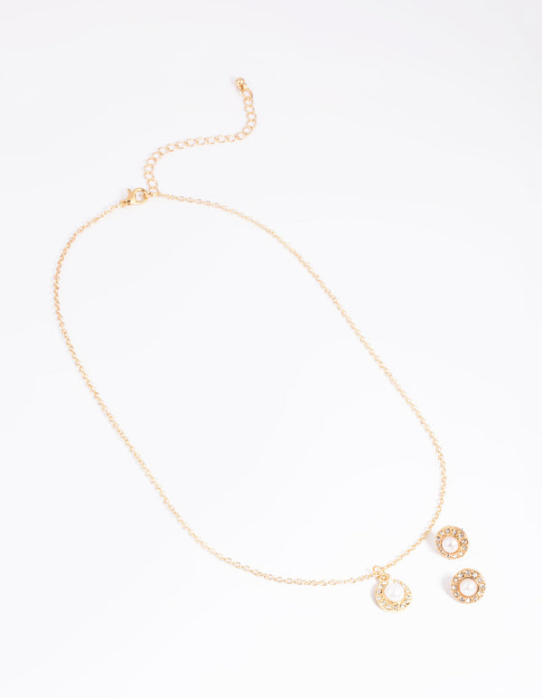 Gold Pearl Stone Necklace and Earrings Set
