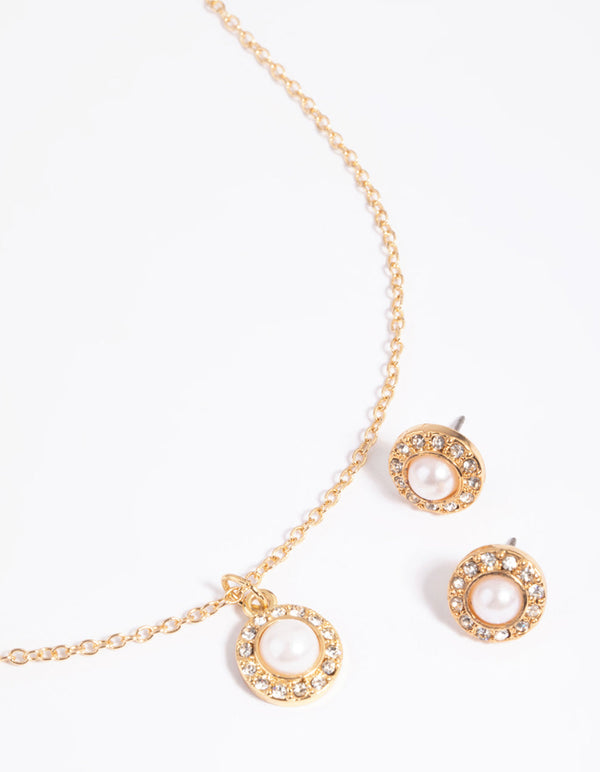 Gold Pearl Stone Necklace and Earrings Set