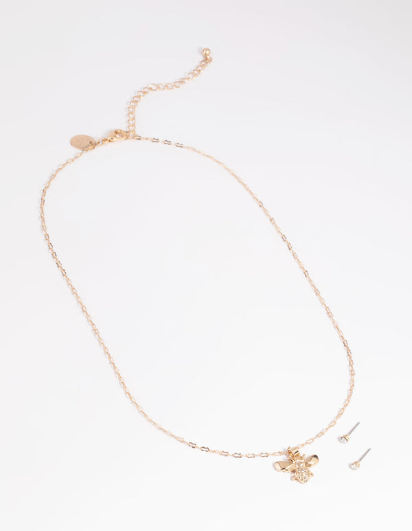 Gold Diamante Bee Necklace and Earrings Set