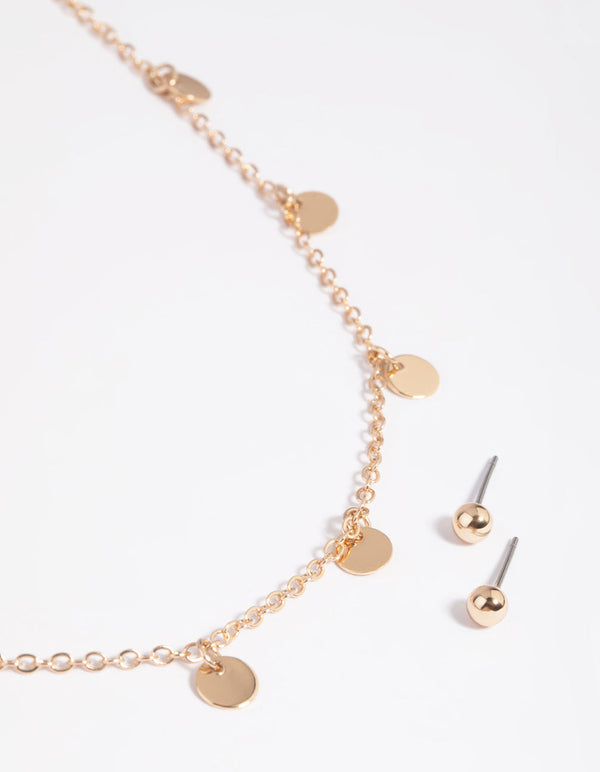 Gold Disc Droplet Necklace and Earrings Set