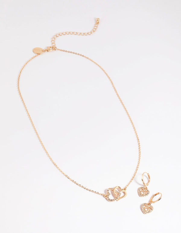 Gold Interlocked Heart Necklace and Earrings Set