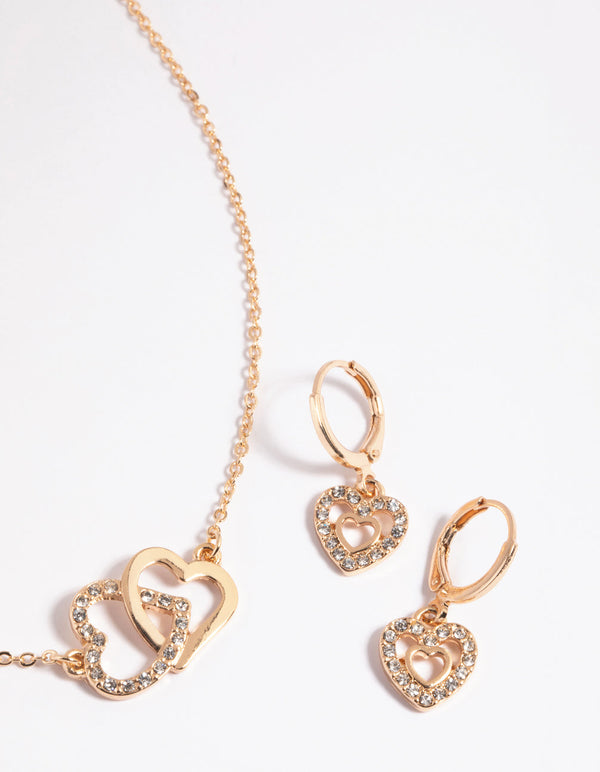 Gold Interlocked Heart Necklace and Earrings Set
