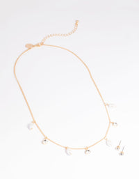 Gold Pearl Diamante Droplet Necklace and Earrings Set - link has visual effect only