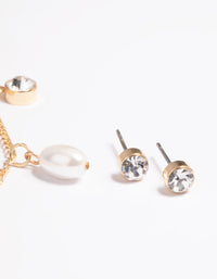 Gold Pearl Diamante Droplet Necklace and Earrings Set - link has visual effect only