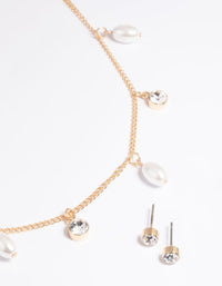 Gold Pearl Diamante Droplet Necklace and Earrings Set - link has visual effect only