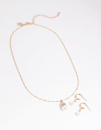 Gold Pearl Necklace and Huggie Earrings Set - link has visual effect only