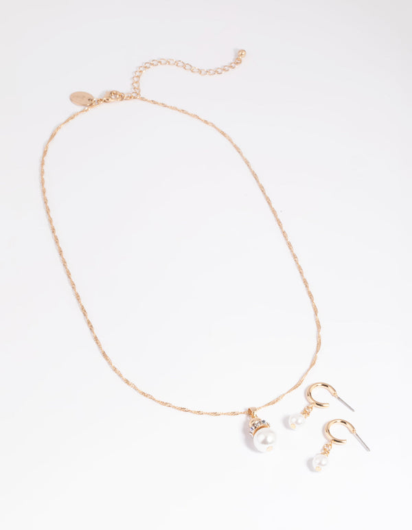 Gold Pearl Necklace and Huggie Earrings Set