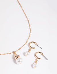 Gold Pearl Necklace and Huggie Earrings Set - link has visual effect only