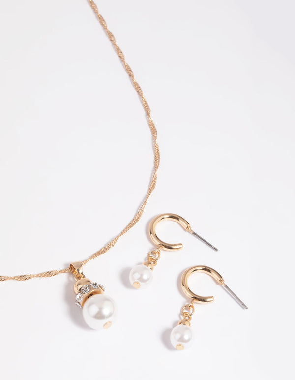 Gold Pearl Necklace and Huggie Earrings Set