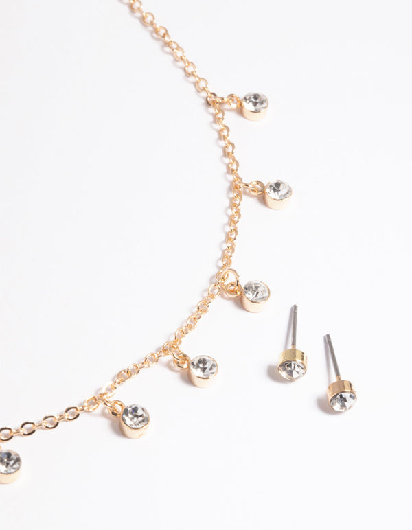 Gold Diamante Droplet Necklace and Earrings Set