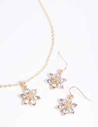 Gold Diamante Flower Necklace and Earrings Set - link has visual effect only