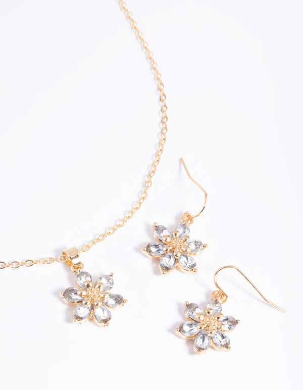 Gold Diamante Flower Necklace and Earrings Set