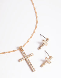 Gold Diamante Cross Necklace and Earrings Set - link has visual effect only