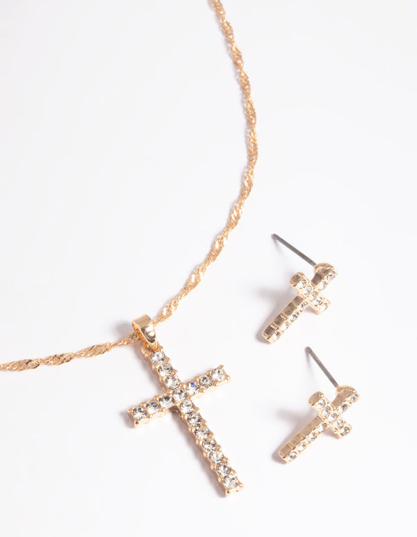 Gold Diamante Cross Necklace and Earrings Set