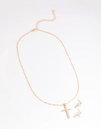 Gold Diamante Cross Necklace and Earrings Set - link has visual effect only