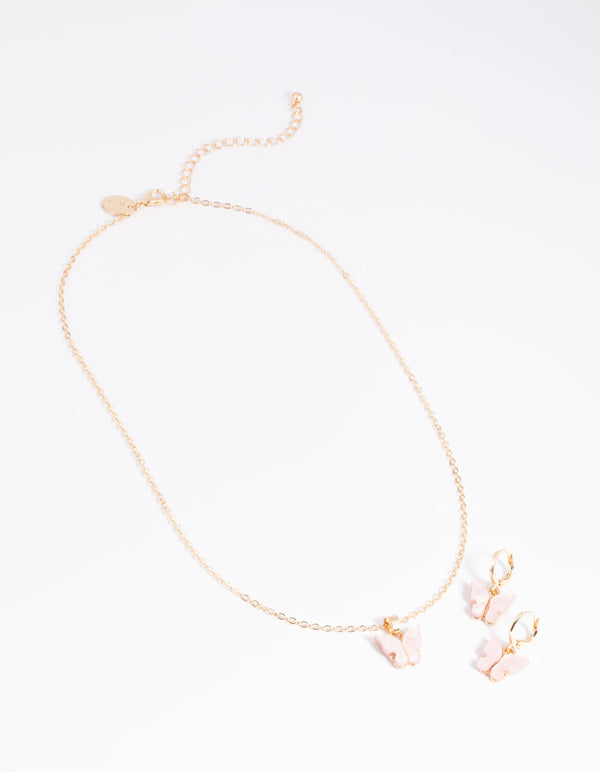 Pink Butterfly Necklace and Earrings Set