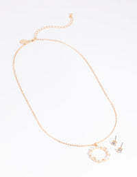 Gold Pearl Diamante Circle Necklace and Earrings Set - link has visual effect only