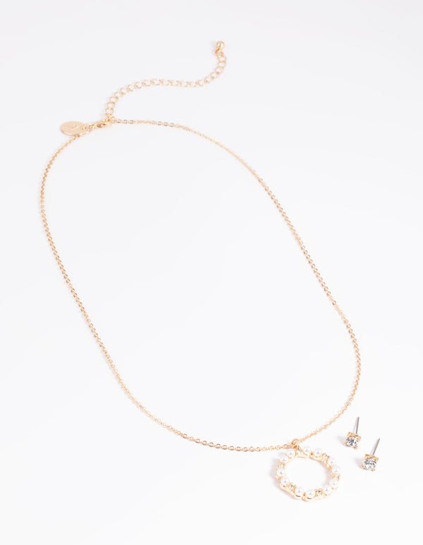 Gold Pearl Diamante Circle Necklace and Earrings Set