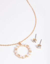 Gold Pearl Diamante Circle Necklace and Earrings Set - link has visual effect only