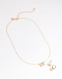 Gold Diamante Butterfly Necklace and Huggie Earrings Set - link has visual effect only