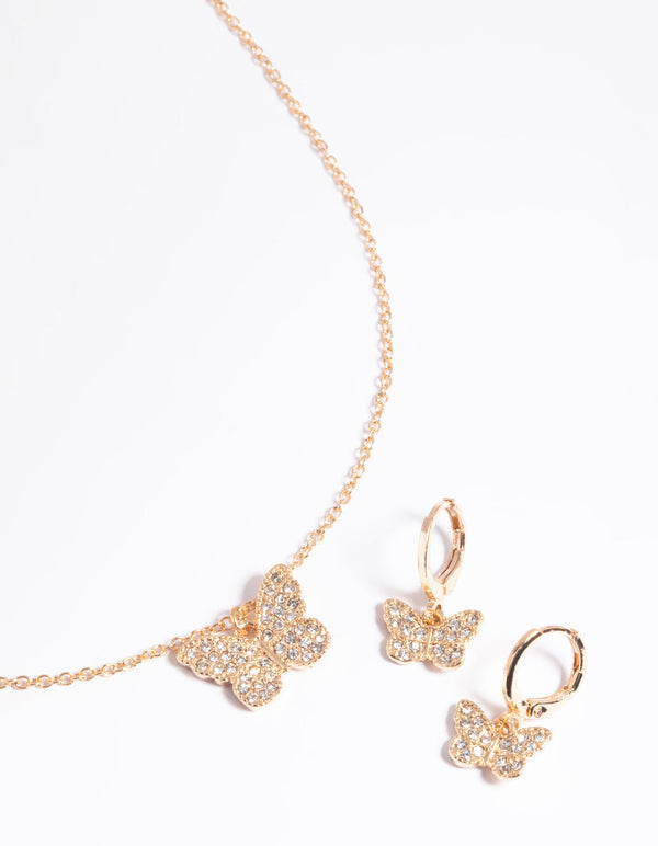 Gold Diamante Butterfly Necklace and Huggie Earrings Set