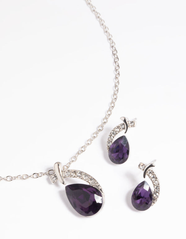 Purple Pear Stone Necklace and Earrings Set