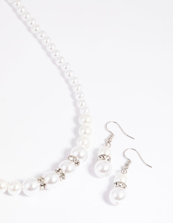 Rhodium Pearl Diamante Necklace and Earrings Set