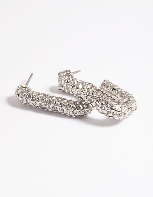 Silver Diamante Rectangular Huggie Hoop Earrings