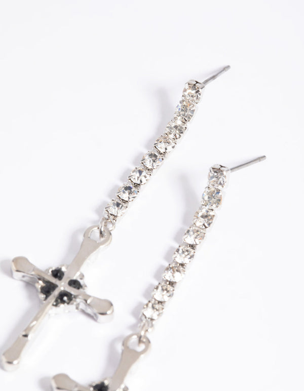 Silver Diamante Cross Drop Earrings