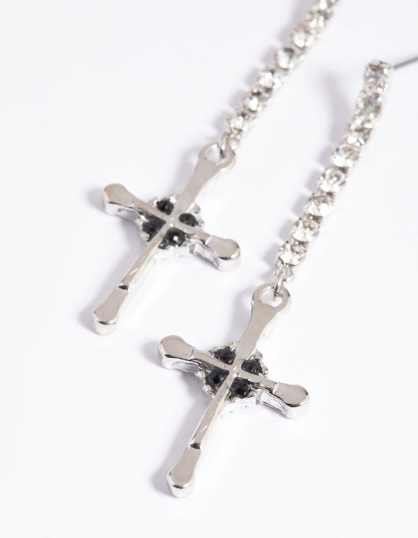 Silver Diamante Cross Drop Earrings