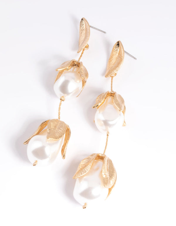 Gold Pearl and Flower Drop Earrings