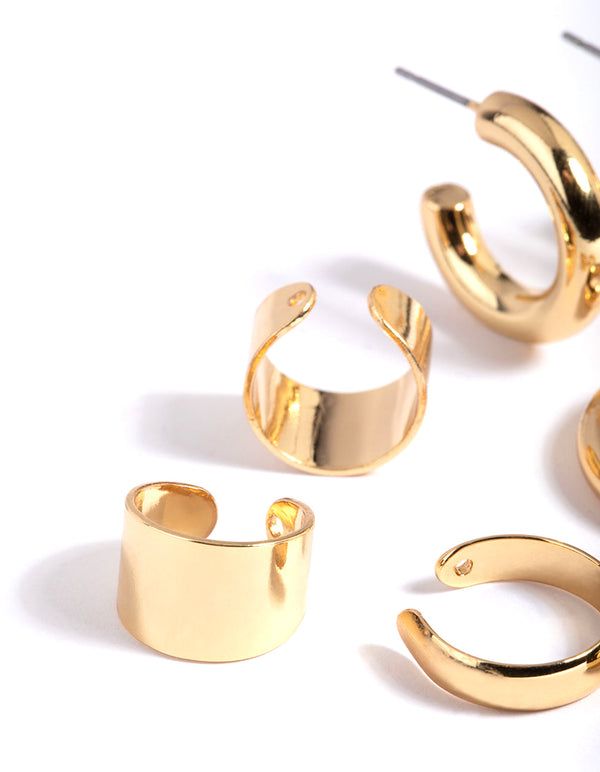 Gold Plated Cuff and Huggie Statement Earring Stack Pack