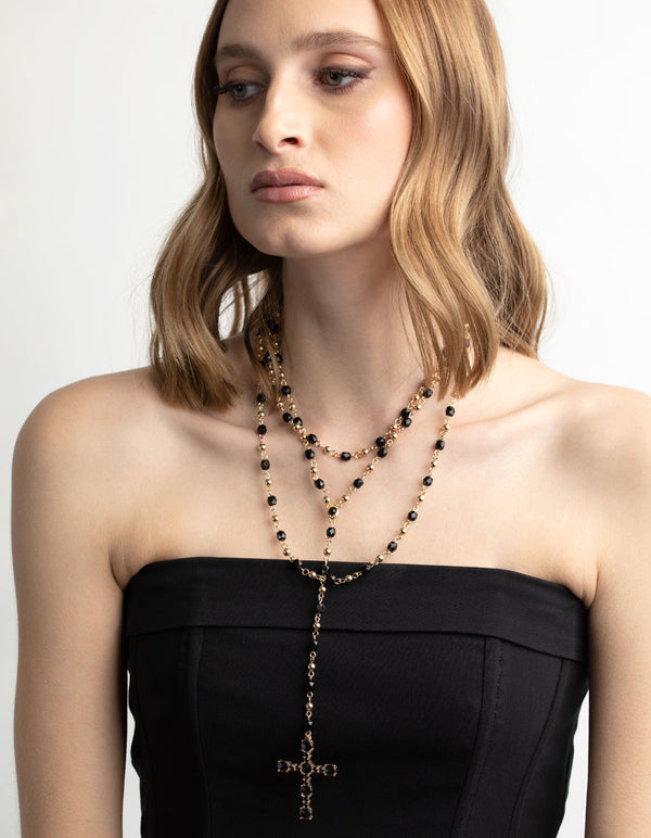 Black Beaded Cross Necklace