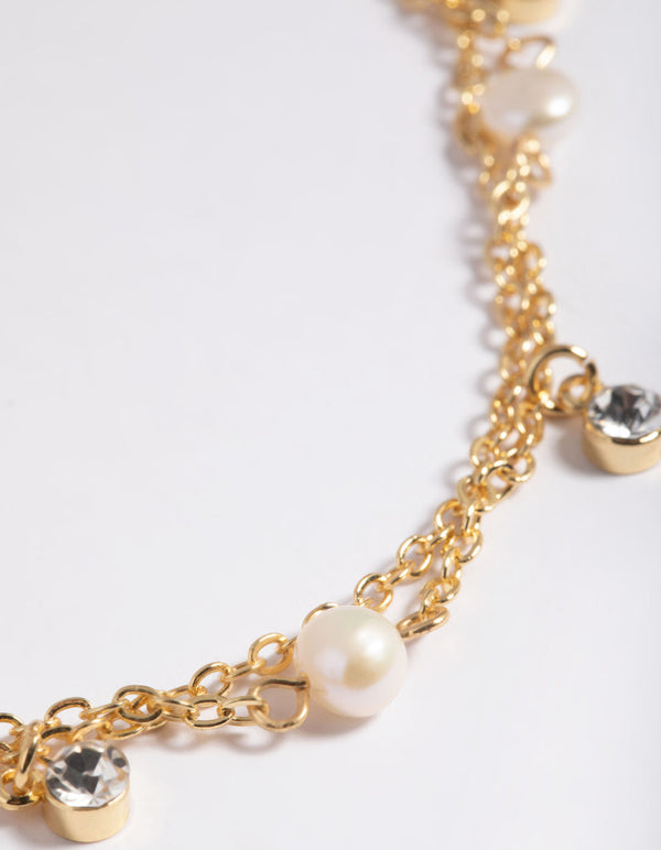 Gold Plated Freshwater Pearl Diamante Anklet