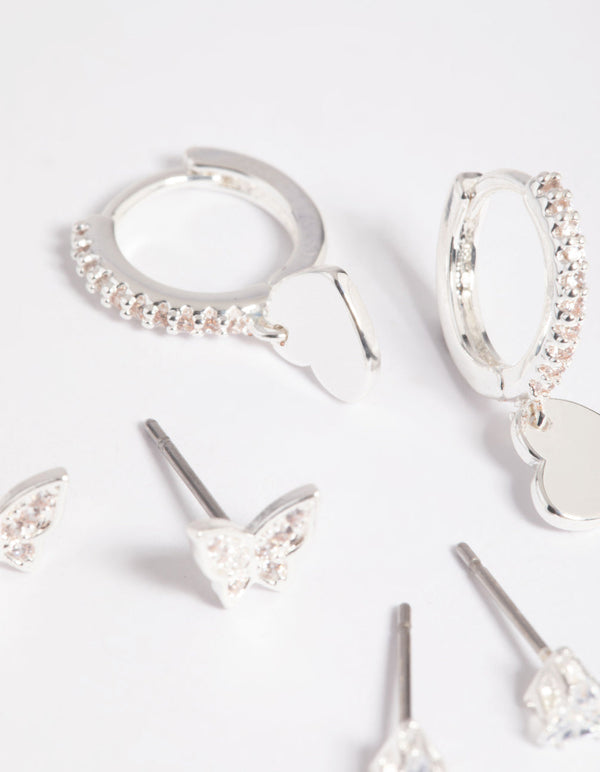 Silver Plated Butterfly and Heart Earring Stack Pack