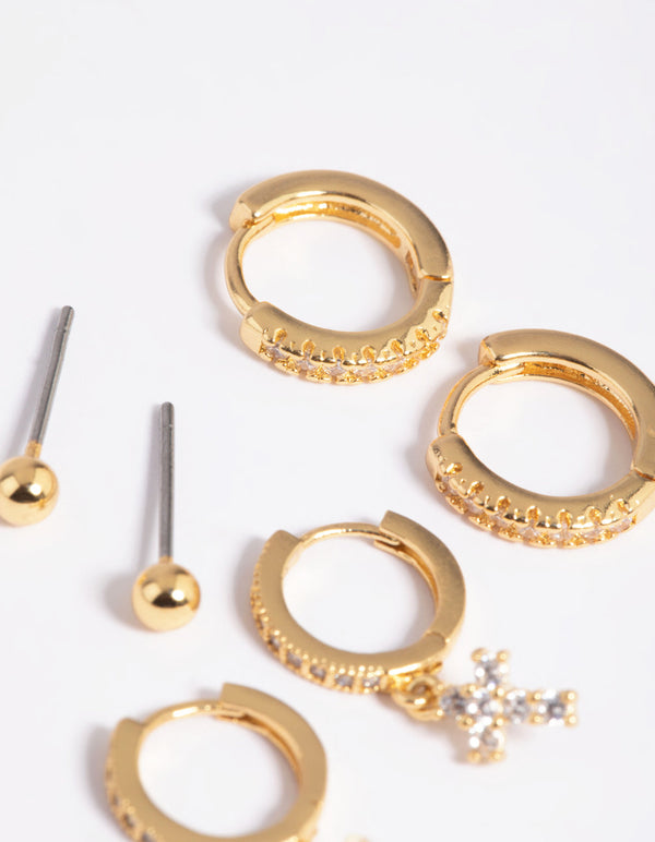Gold Plated Cubic Zirconia Pave Cross Earring Stack Pack