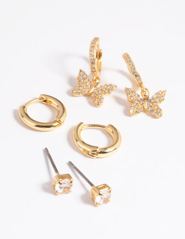 Gold Plated Cubic Zirconia Butterfly Earring Stack Pack