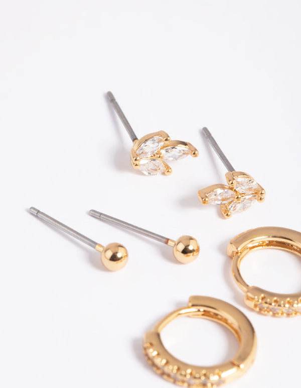 Gold Plated Cubic Zirconia Leaf Earring Stack Pack