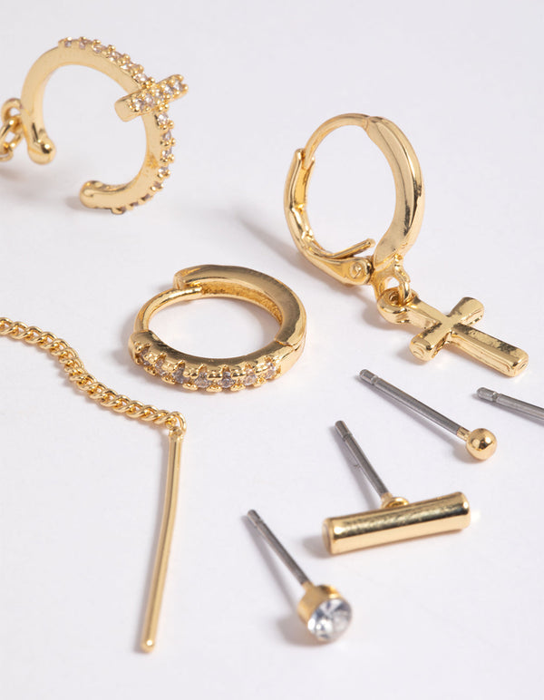 Gold Plated Chain Cross Earring Stack Pack