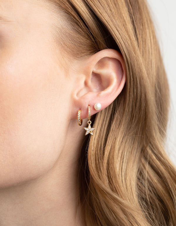 Gold Plated Cubic Zirconia Pearl and Star Earring Stack Pack