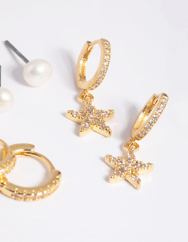 Gold Plated Cubic Zirconia Pearl and Star Earring Stack Pack