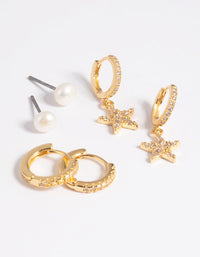 Gold Plated Cubic Zirconia Pearl and Star Earring Stack Pack - link has visual effect only