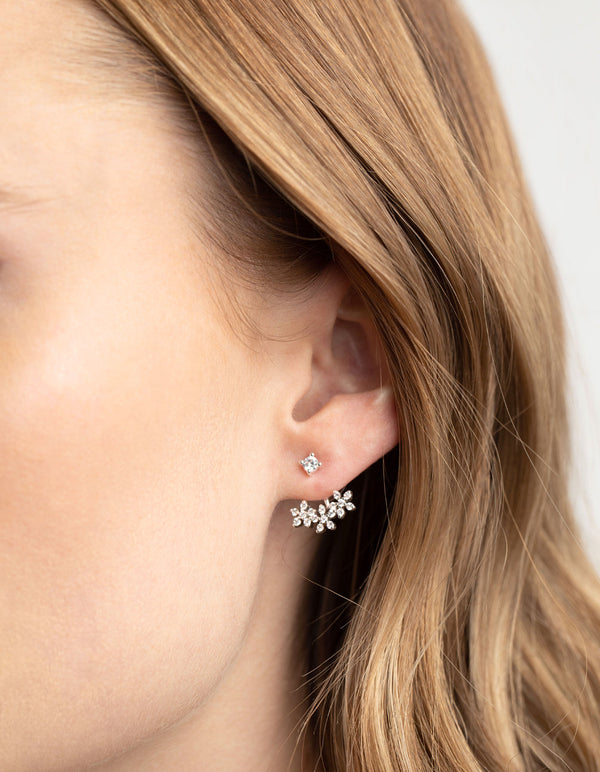 Silver Plated Cubic Zirconia Flower Sandwich Earrings