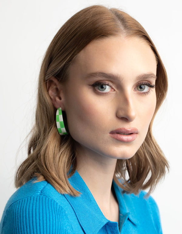 Green 40mm Check Hoop Earrings