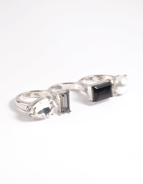 Rhodium Mixed Stone Double Finger Ring