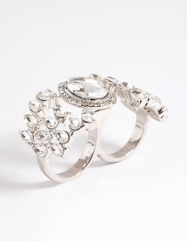 Rhodium Pear Double Finger Ring