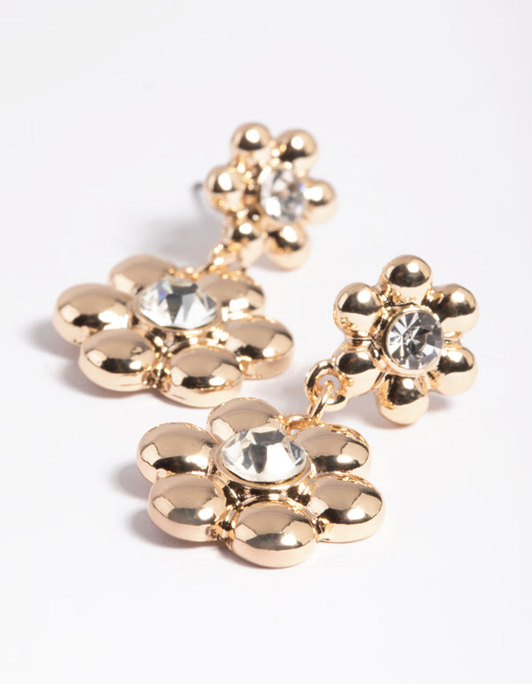 Gold Diamante Flower Drop Earrings