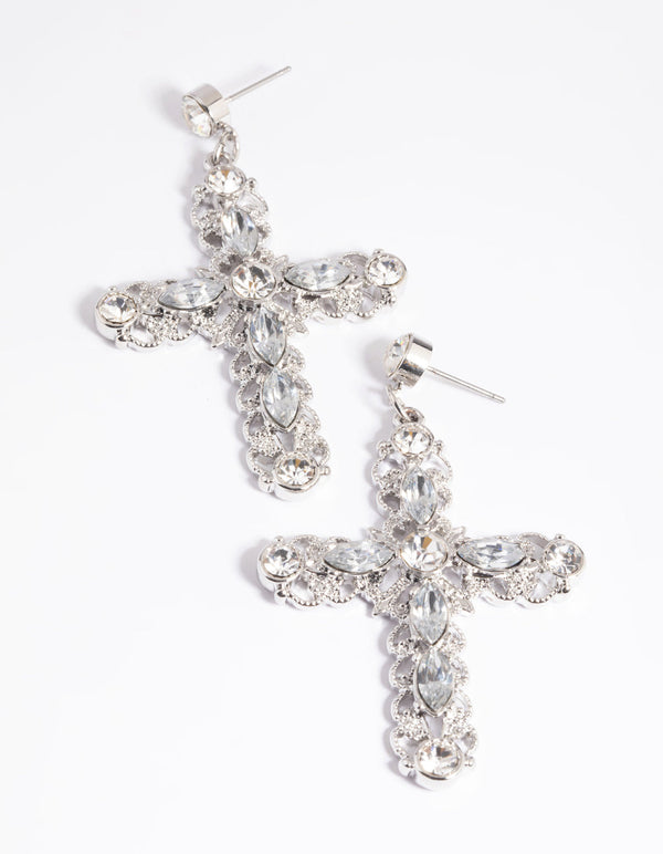 Rhodium Diamante Cross Drop Earrings