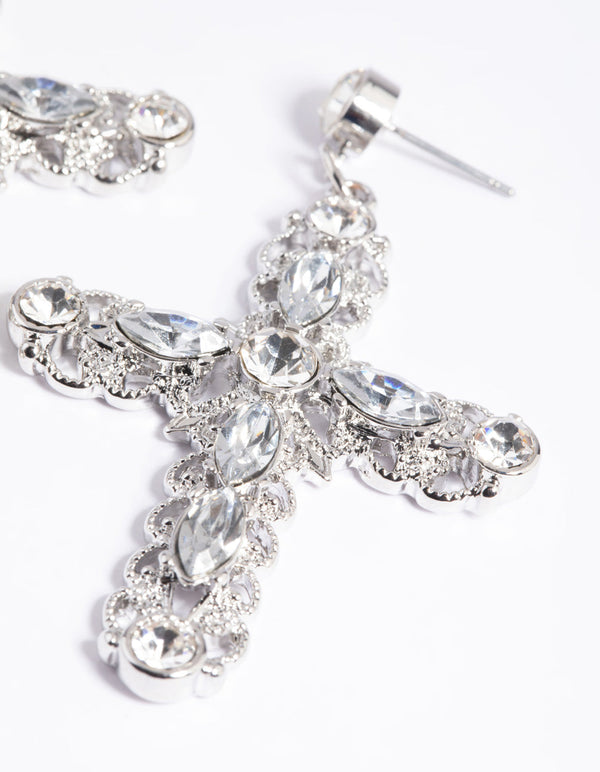Rhodium Diamante Cross Drop Earrings